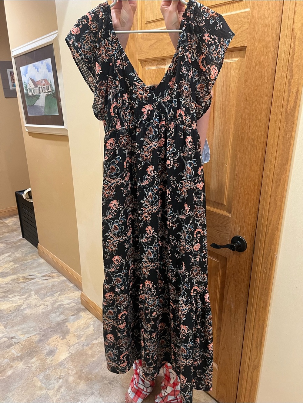 Universal Thread Black Floral Maxi Dress with Pink and Green Print